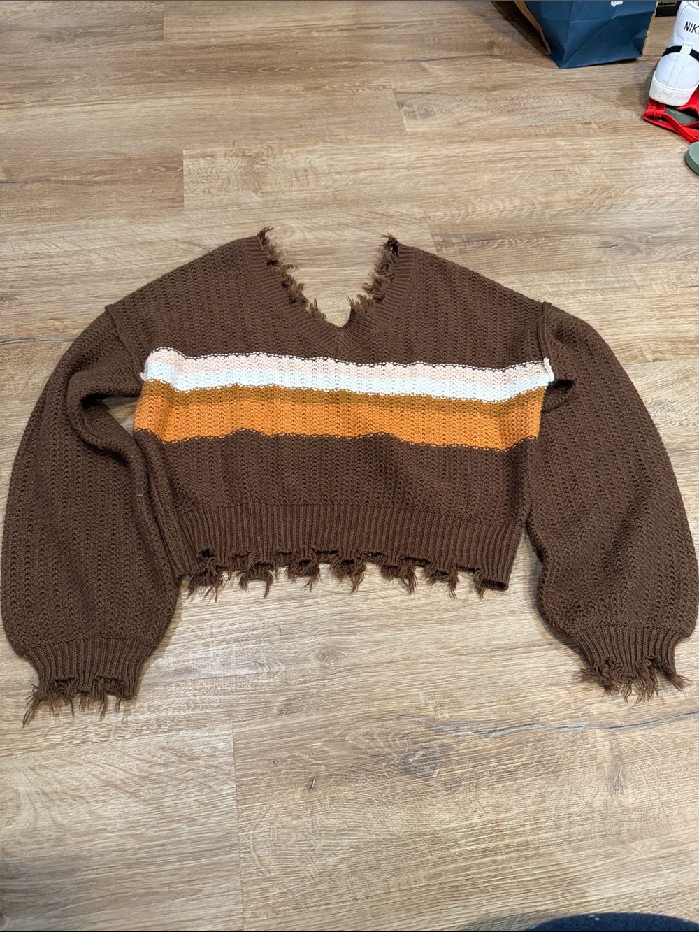 Rue21 Brown V-Neck Cropped Sweater with White and Mustard Stripes